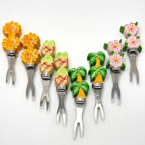 Set Of 8 Stainless Steel Hors Doeuvre Forks Hand-Painted Floral Tropical Design